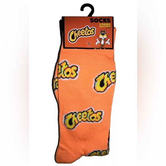 Cheetos Odd Sox Crew Socks 2 Pair Men 8-12 W 9-13 Orange Black w Logo Snacks NEW - Picture 1 of 10